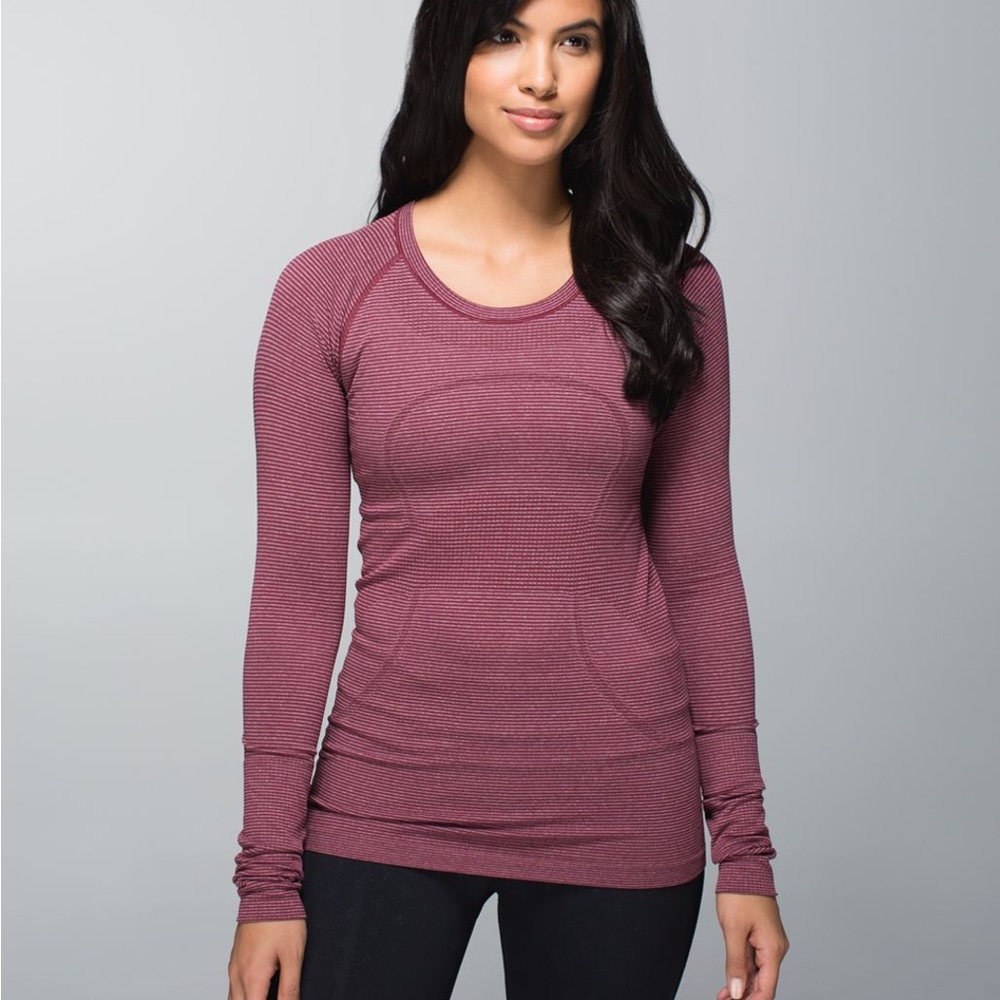 Lululemon Swiftly Tech Long Sleeve Crew in Tonka Stripe Red/Rust, size 2